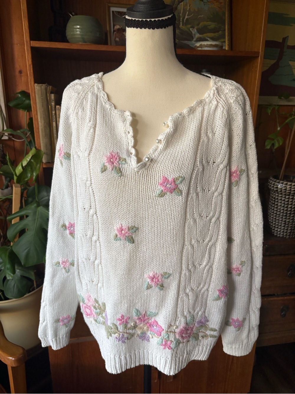 90s Vintage CottageCore Floral Cotton Blend Sweater L